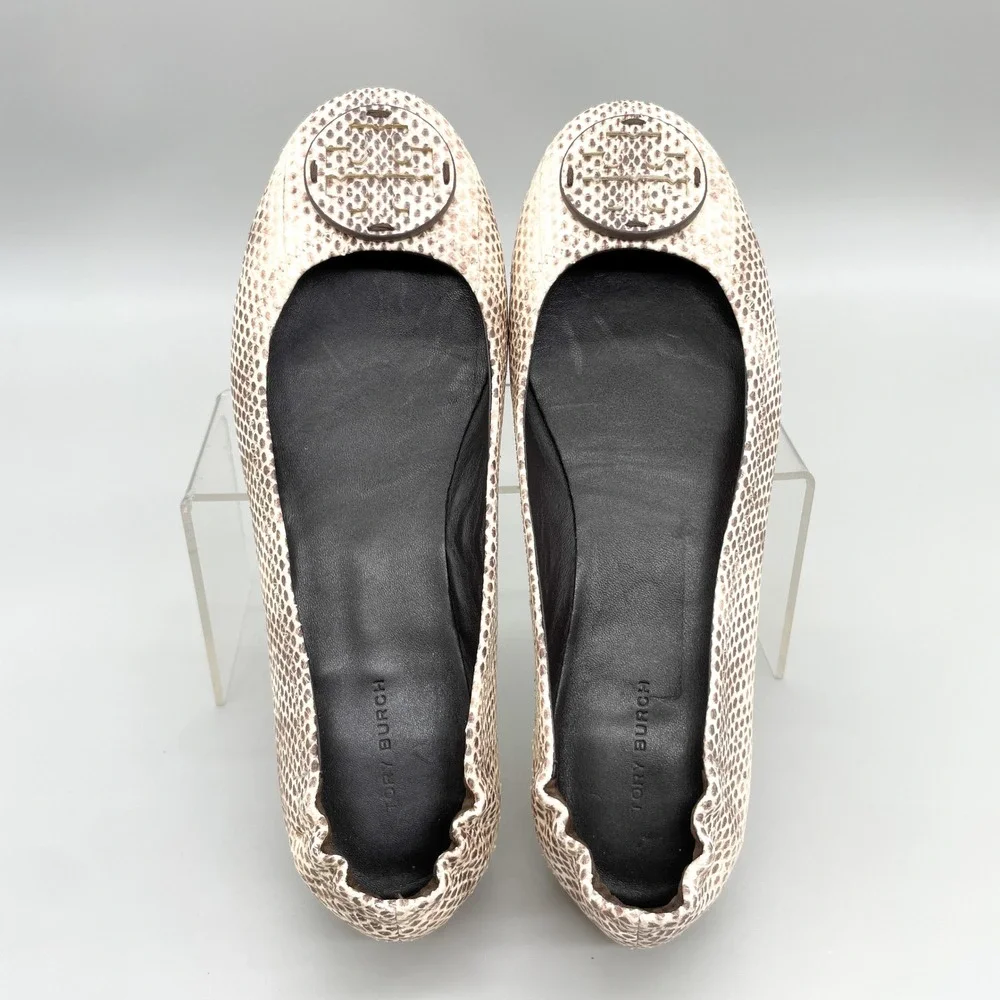 Tory Burch Minnie Travel Ballet Flats Womens 9M Snake Print Leather Brown Cream